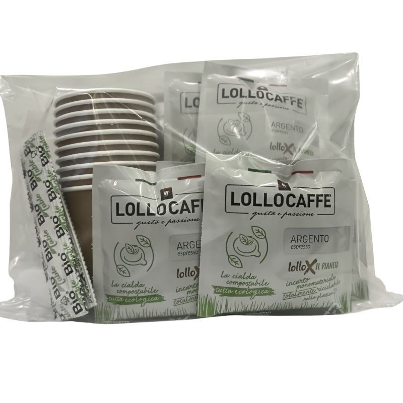 Kit Degustazione Caffè: 10 Cialde + 10 Bicchierini + 10 Palette Lollo Caffè miscela argento